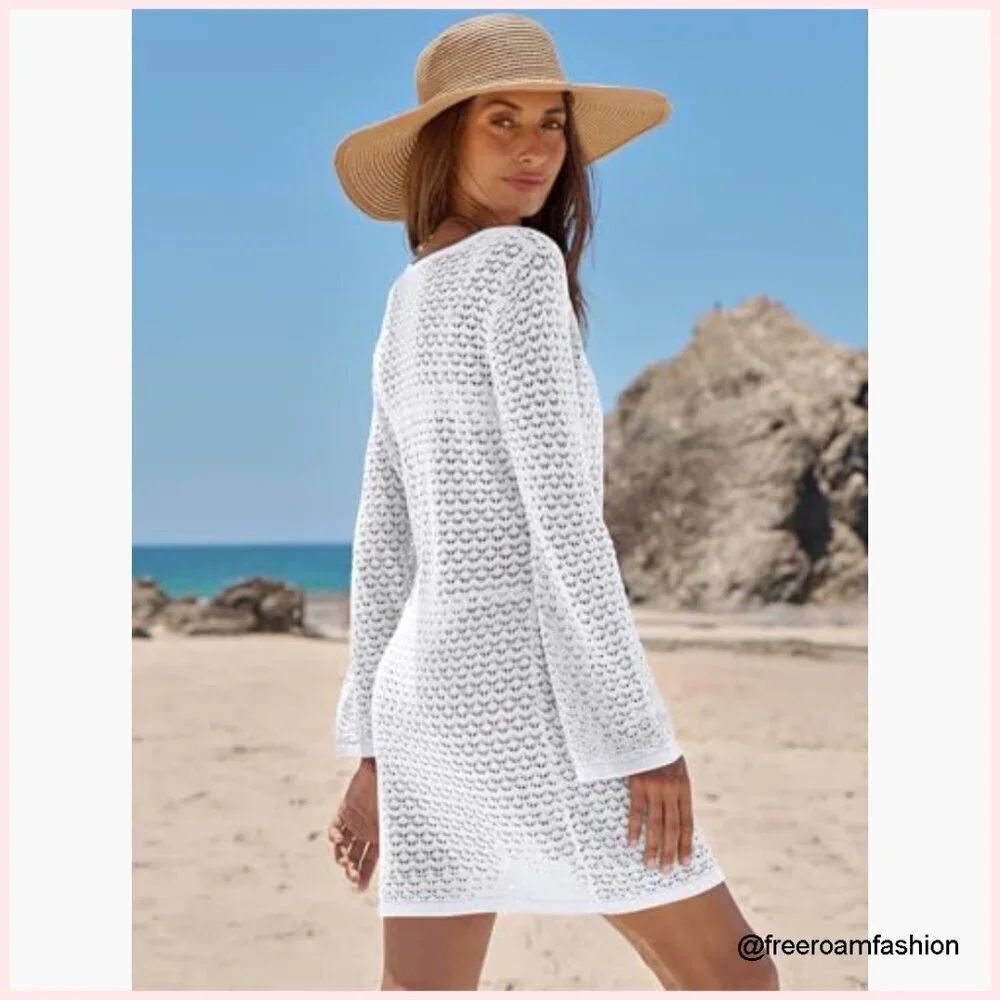 Crochet Mesh Knit Swimsuit Cover Up Dress V Neck Long Sleeve Beach